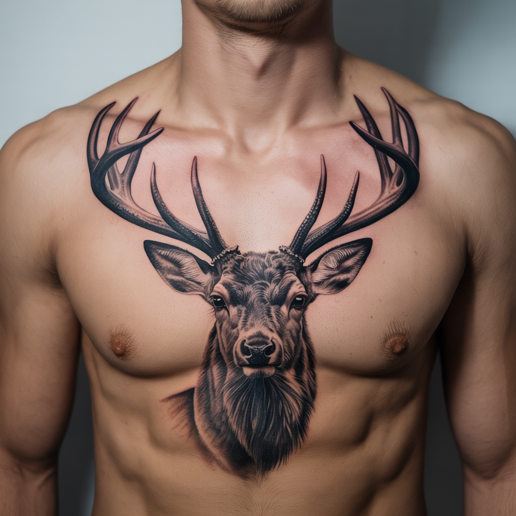 Small tattoos for men – realistic deer head tattoo with antlers on chest, bold nature-inspired body art

