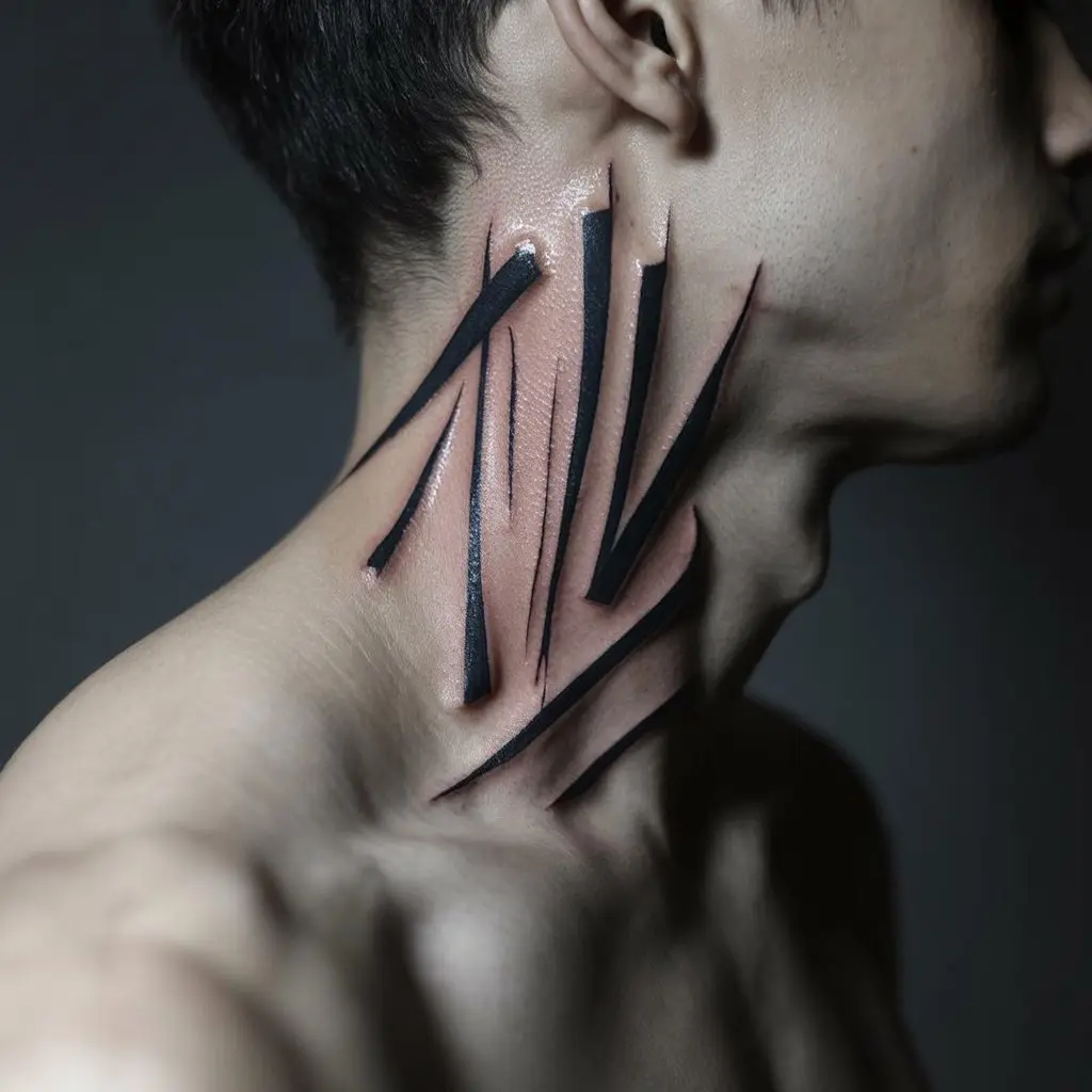 Abstract Neck Tattoo
Abstract neck tattoo for men on the nape, featuring flowing black ink shapes and modern composition for a unique and bold statement.