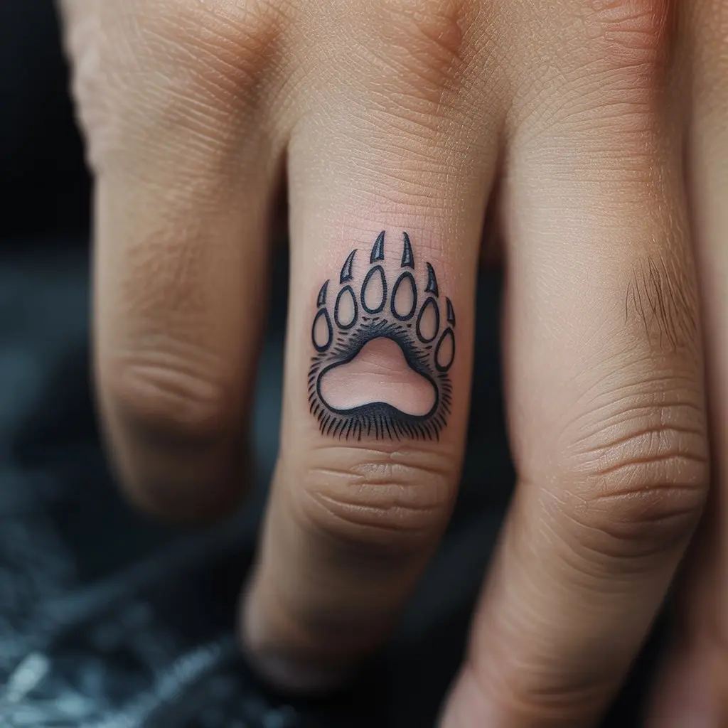 Bear Paw Finger Tattoo – Bear paw design on a man’s finger, strong and symbolic finger tattoos for men.


