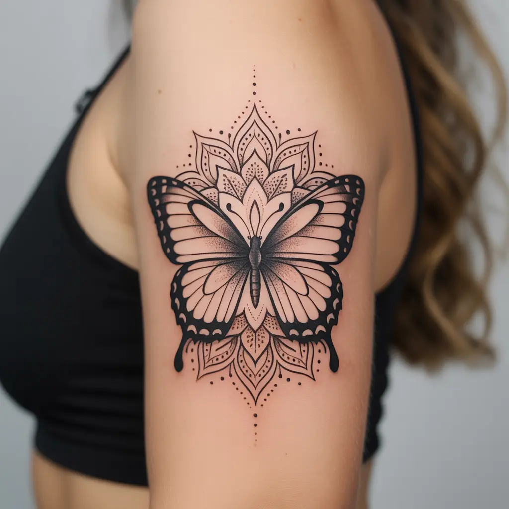 Butterfly and Mandala Design on Upper Arm – Butterfly tattoos for women merged with mandala patterns on the upper arm, detailed and symmetrical.

