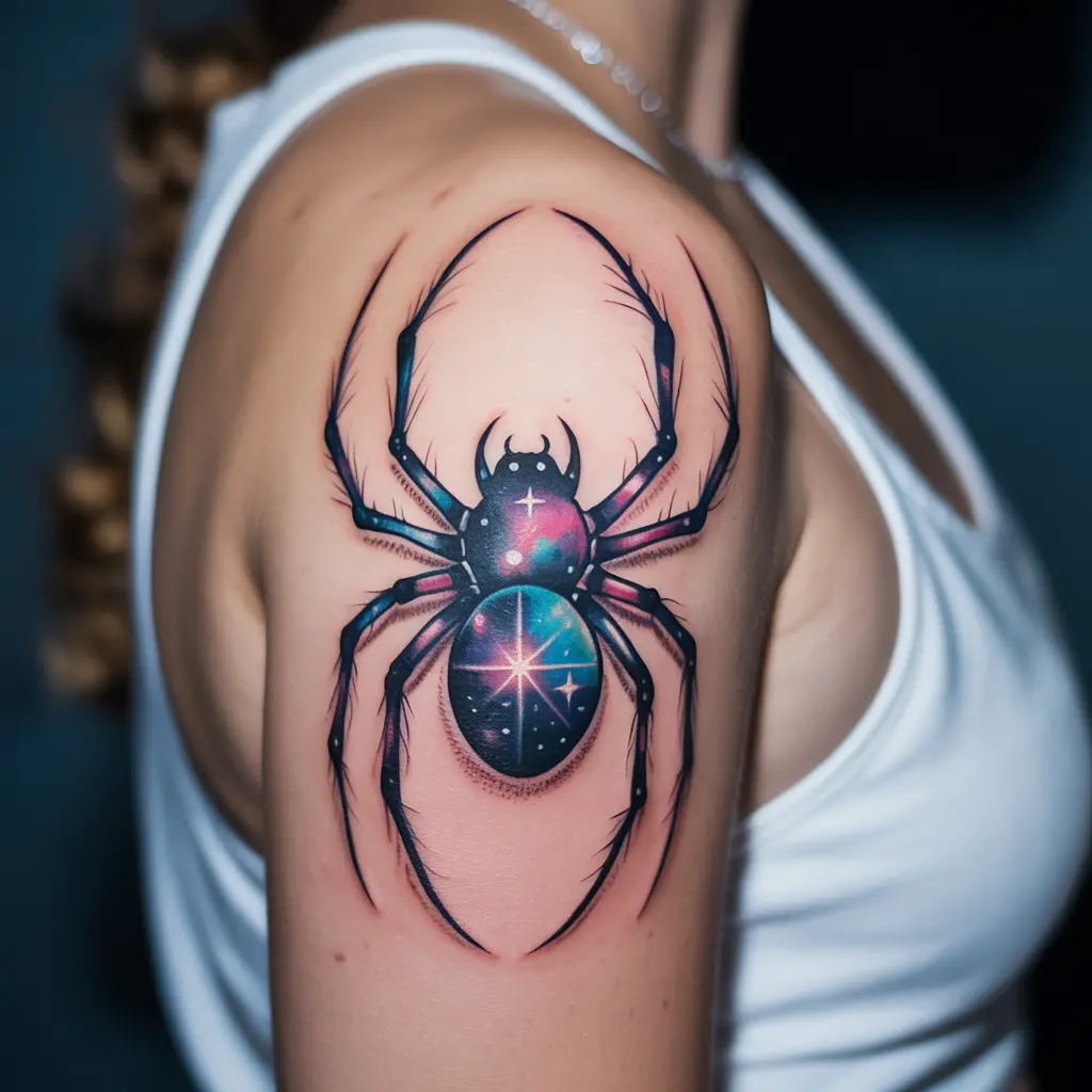 Cosmic spider tattoo design with galaxy and star details, colorful Spider Tattoo Design placed on a woman’s shoulder.
