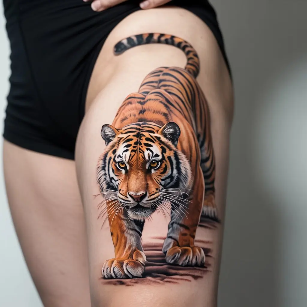 Crouching tiger tattoo design on the outer thigh, capturing muscle tension and a realistic jungle ground beneath the poised predator.