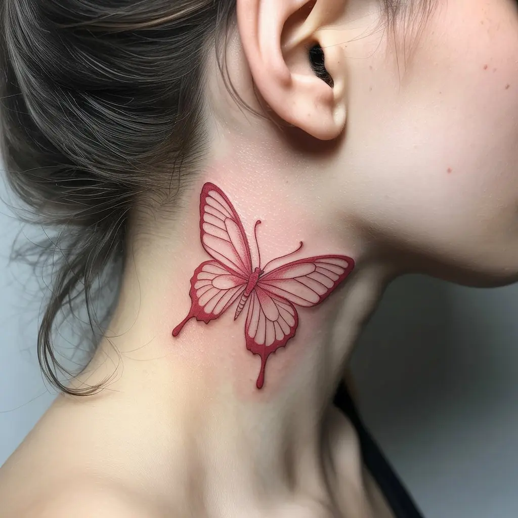 Fine-line red butterfly tattoo on side neck – minimalist and delicate red butterfly tattoo for elegant look.

