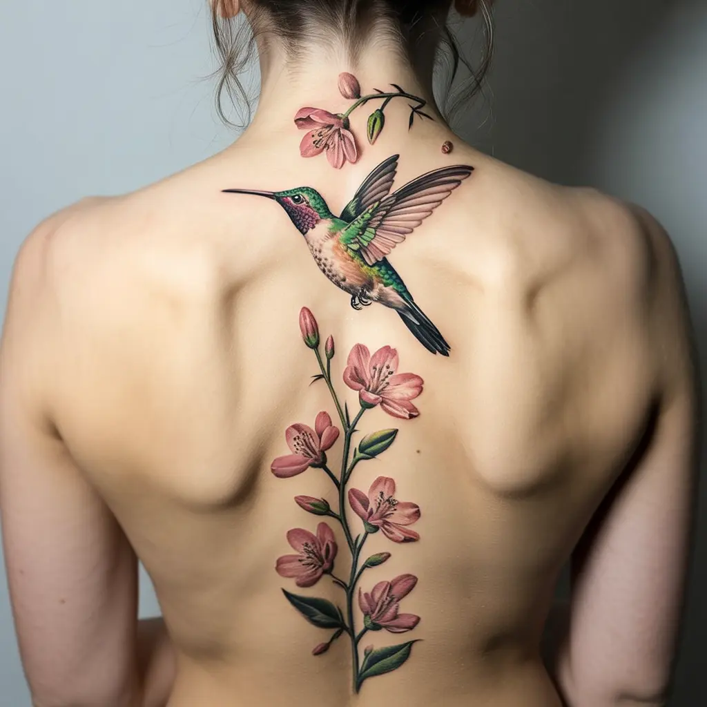 Hummingbird and blossoms spine tattoo for women featuring a hovering bird and flowers along the spine.


