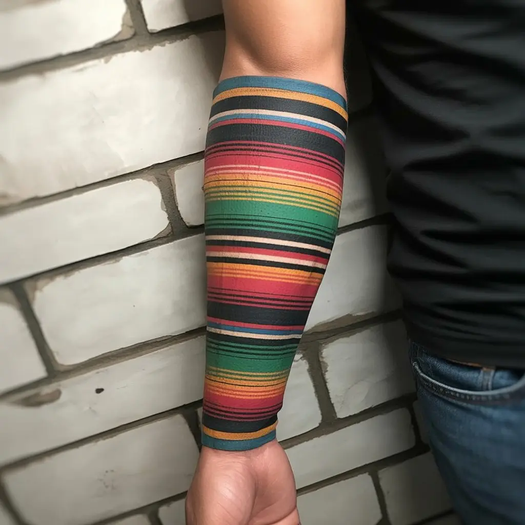 Forearm sleeve tattoo with vibrant Mexican serape pattern in stripes — cultural Mexican tattoo design with traditional textile art.