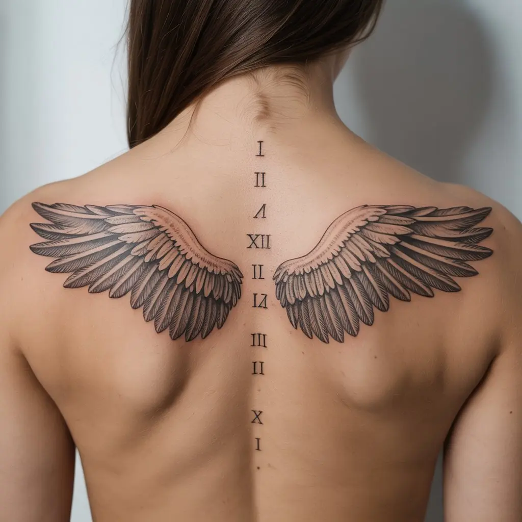 18. Roman Numeral Tattoo with Angel Wings
Alt Text:
Roman numeral tattoo framed by angel wings across a woman’s upper back, symbolizing remembrance and protection — a deeply meaningful angel wing Roman numeral tattoo.