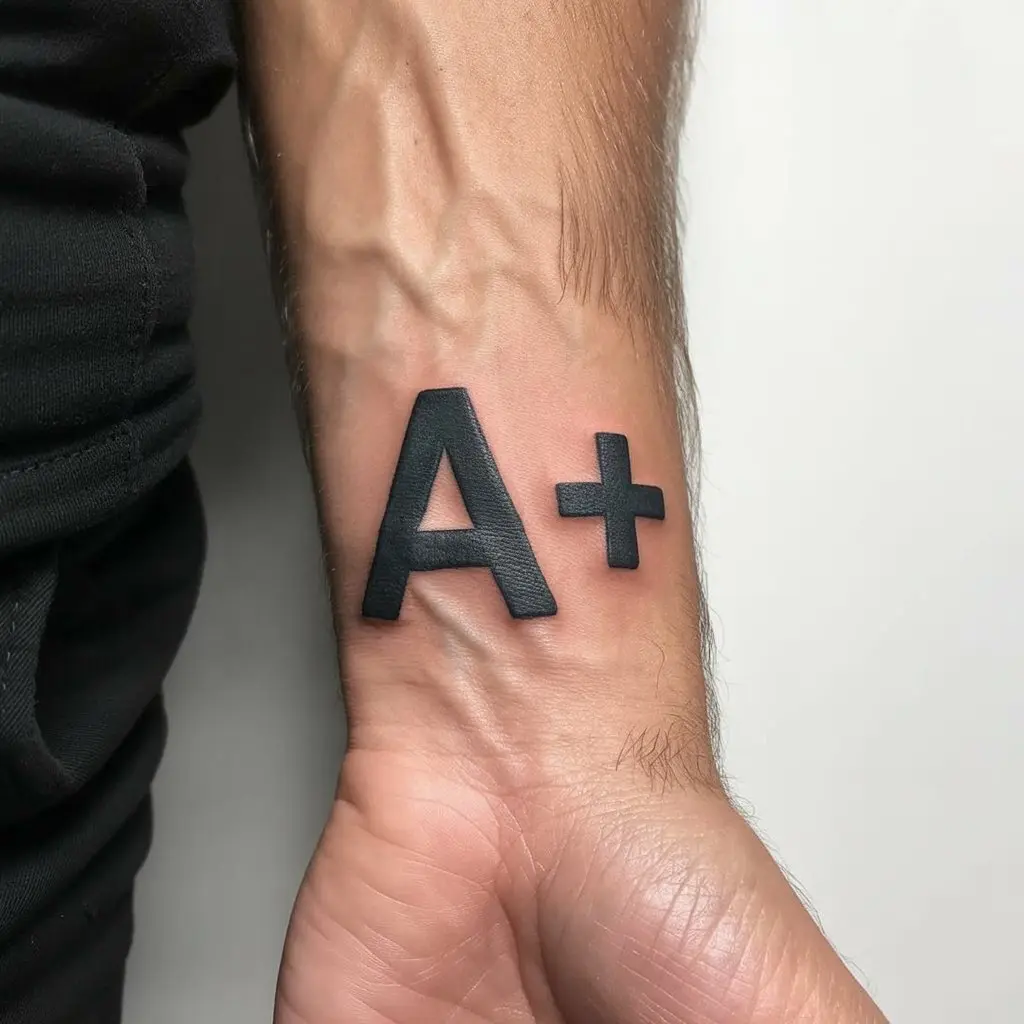 Small tattoos for men – A+ blood type tattoo on wrist, minimal medical-style ink with personal significance

