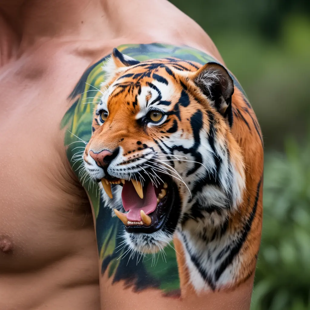 19. Roaring Tiger on Shoulder Tattoo Design