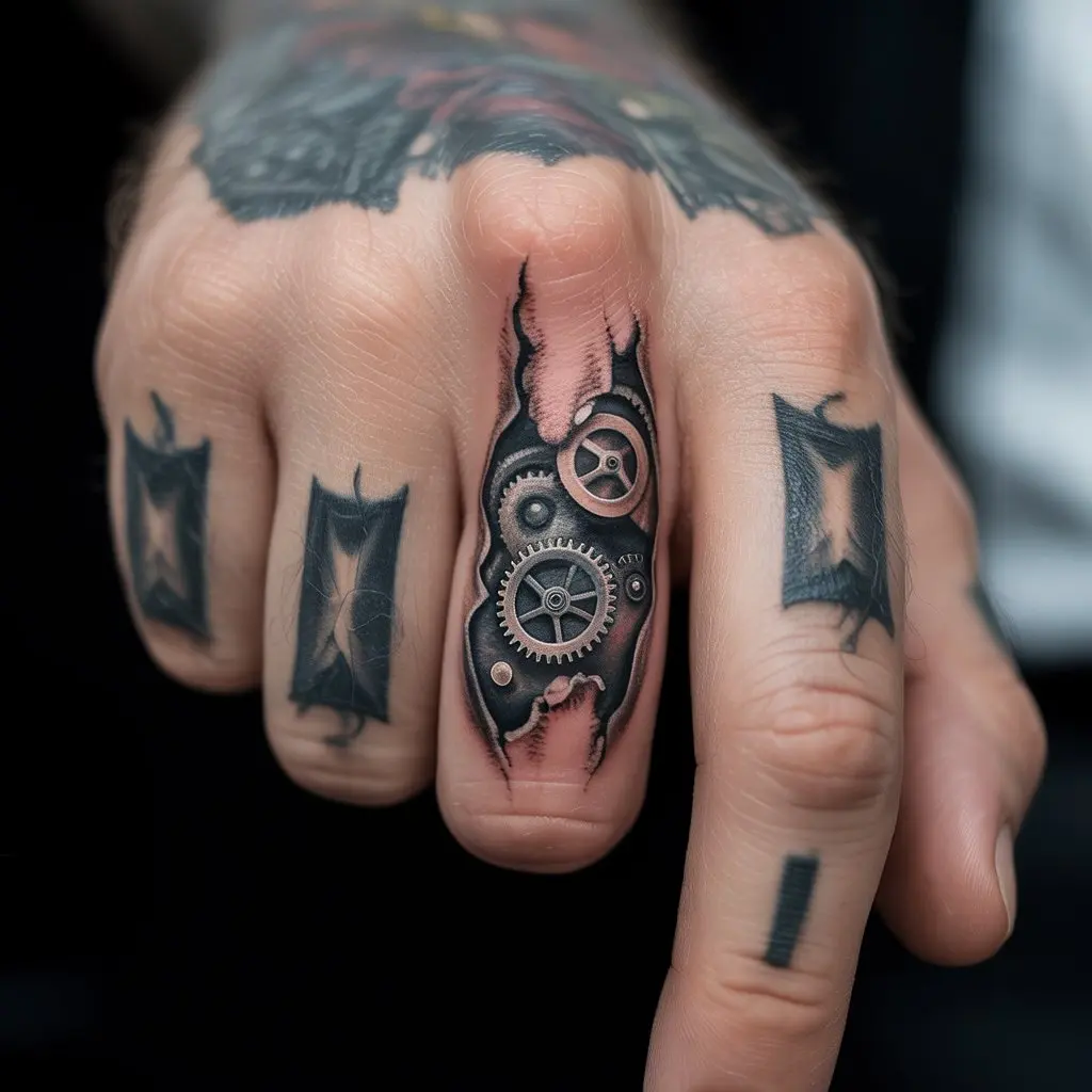 Biomechanical Finger Tattoo – Gears and metal effect tattoo on a man’s finger, futuristic biomechanical finger tattoos for men.

