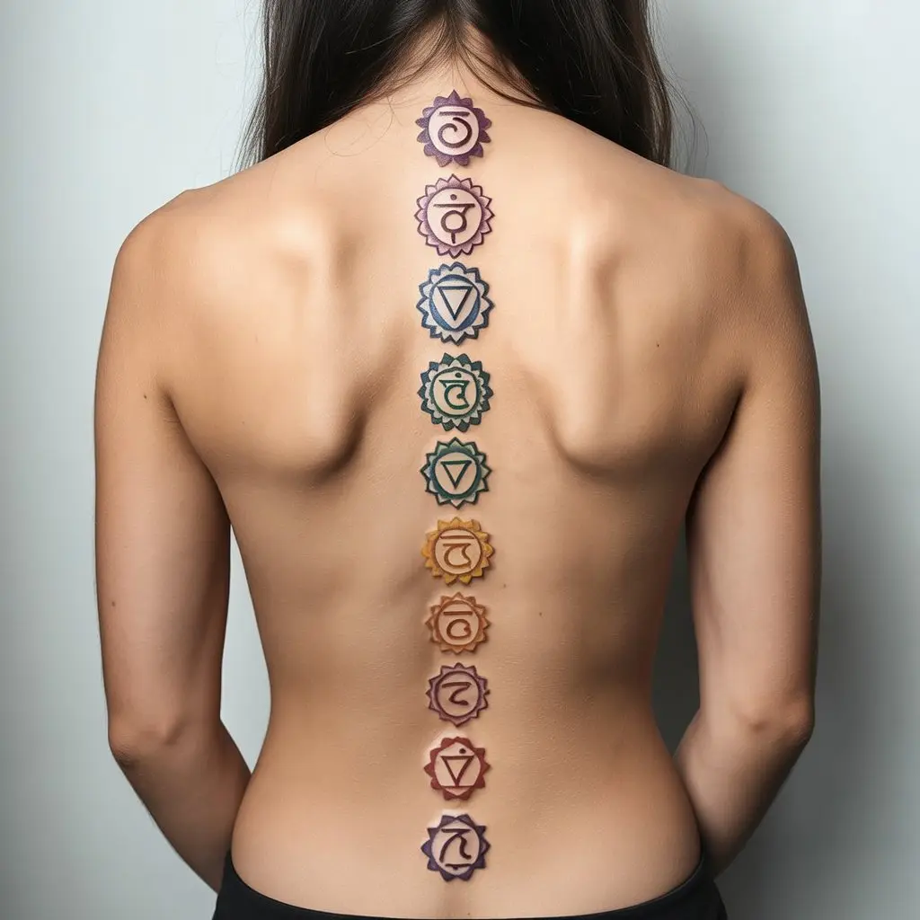 Chakra ladder spine tattoo for women with all seven chakra symbols aligned in color along the spine.

