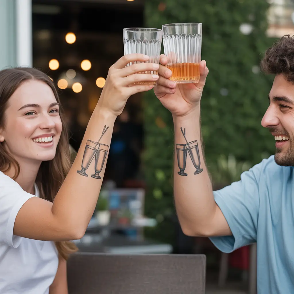 Wine or champagne glass matching tattoos for best friends celebrating shared memories and lifelong friendship.

