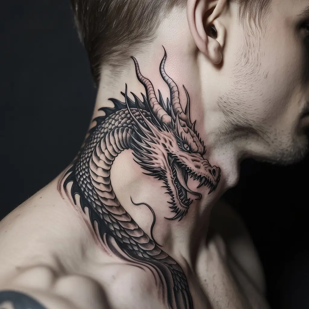 Dragon Neck Tattoo
Fierce dragon neck tattoo for men, wrapping from the back to the side of the neck in black and grey ink with sharp scale detail.