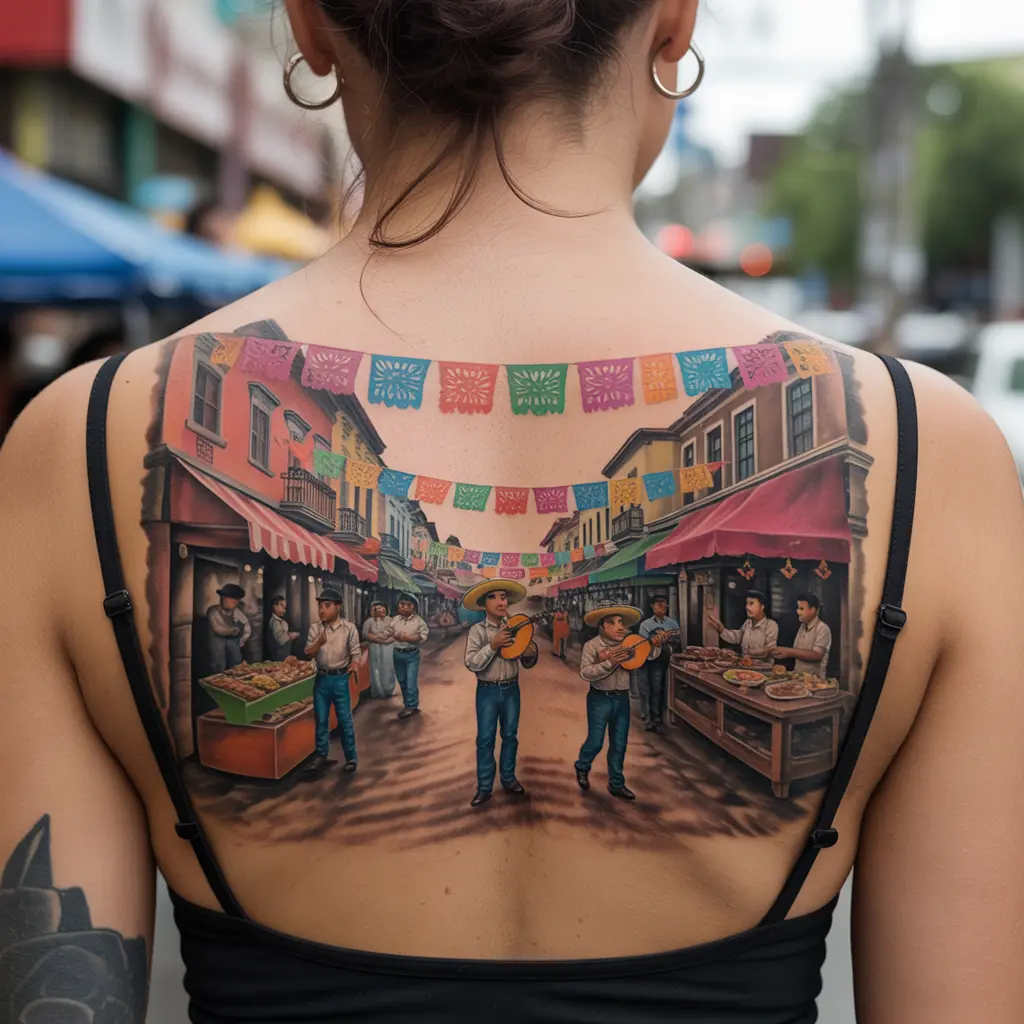 Colorful upper back tattoo of a lively Mexican street with papel picado and mariachi — detailed scenic Mexican tattoo.