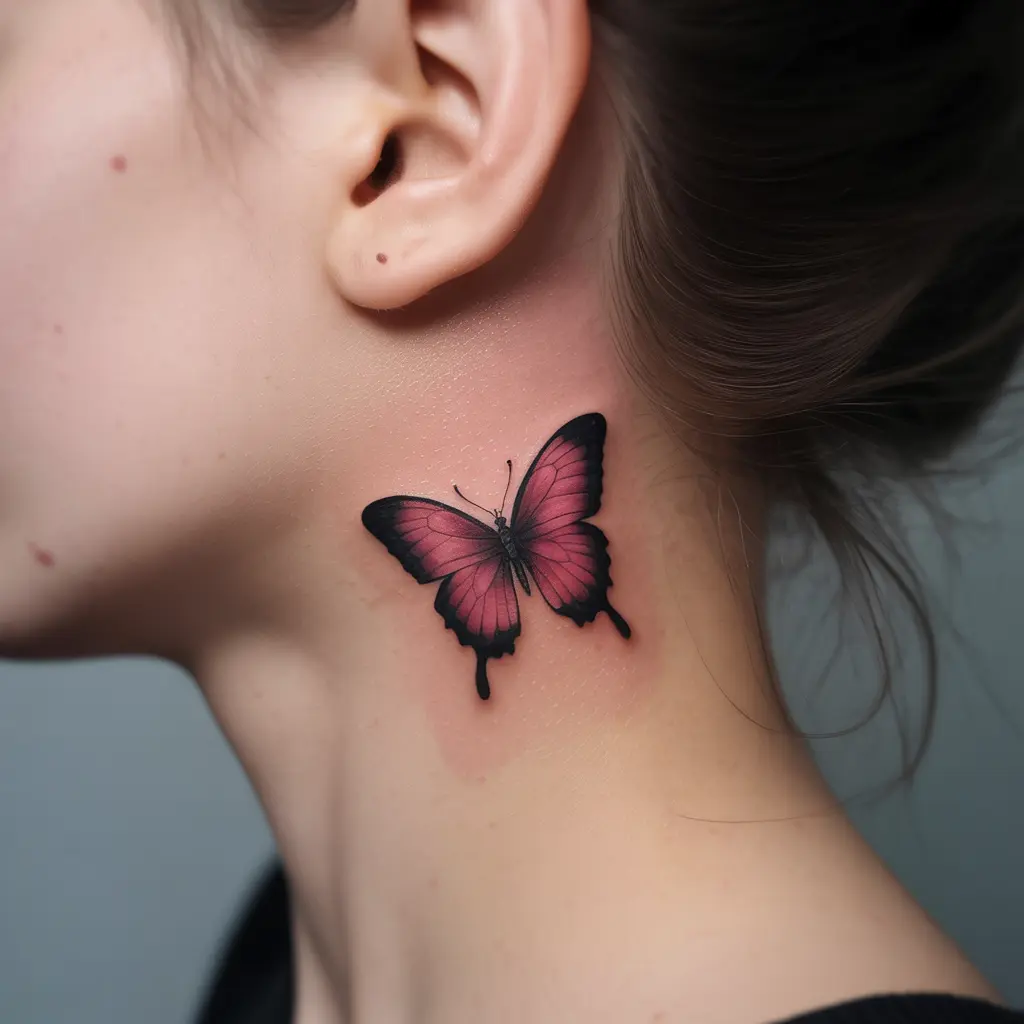 Pink Butterfly Tattoo on Side of Neck – Pink butterfly tattoos for women on the side of the neck, feminine design with soft color tones.

