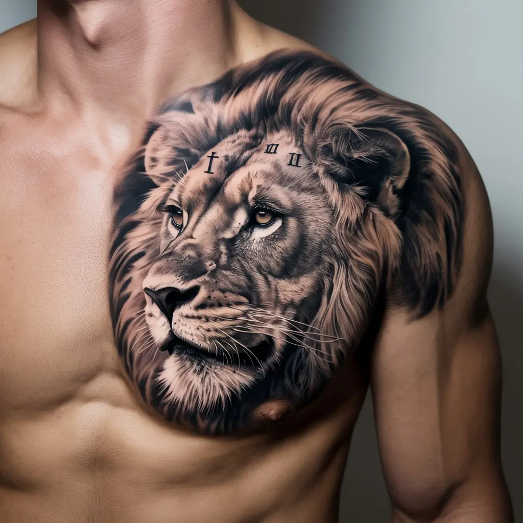 19. Roman Numeral Tattoo Embedded in a Lion's Mane
Alt Text:
Lion head tattoo on a man's chest with Roman numerals subtly hidden in the mane, representing strength and legacy — a bold and symbolic Roman numeral lion tattoo.

