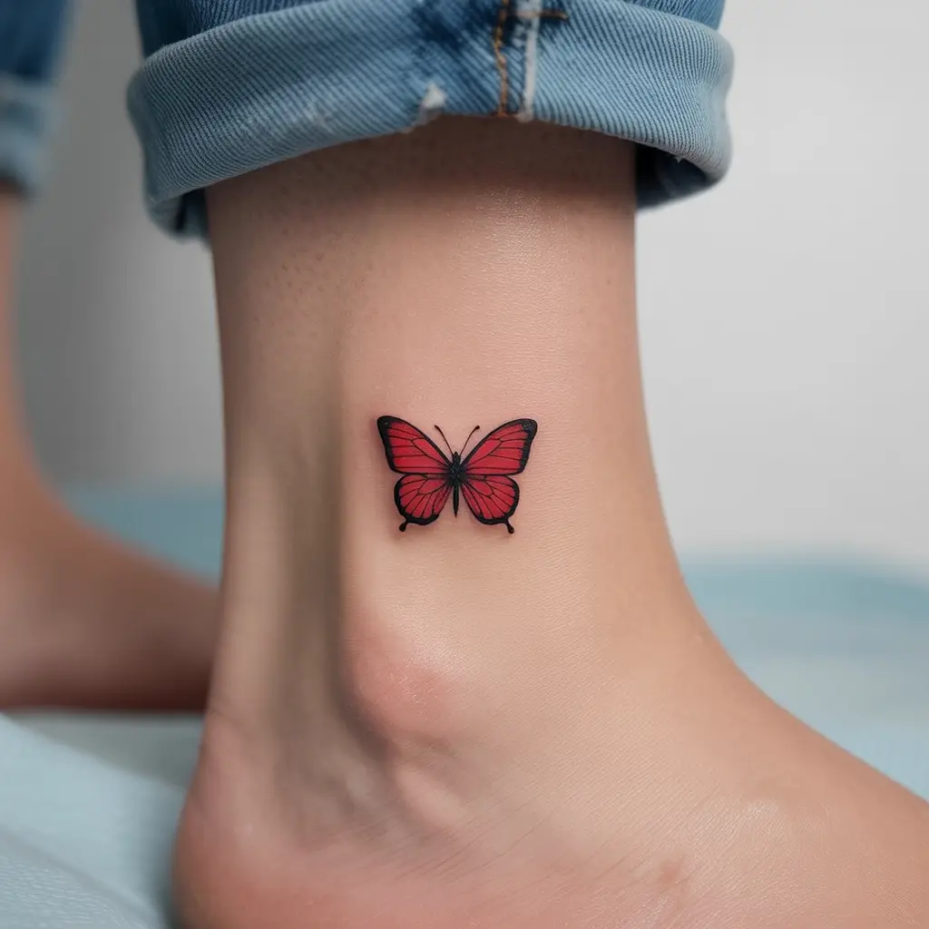 Small red butterfly tattoo on ankle – dainty red butterfly tattoo for women with soft shading.

