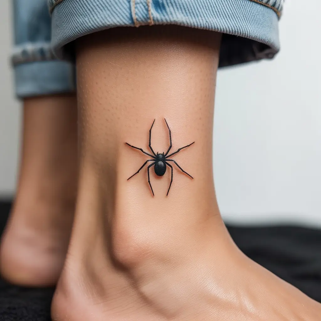 Tiny black spider tattoo design on the ankle, small and realistic Spider Tattoo Design perfect for minimalist body art.
