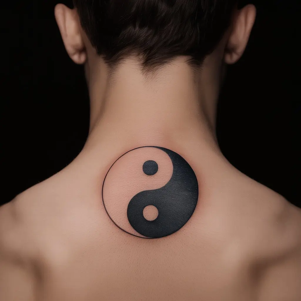 Small tattoos for men – modern yin yang tattoo on back of neck, symbolizing balance with a fresh geometric twist 