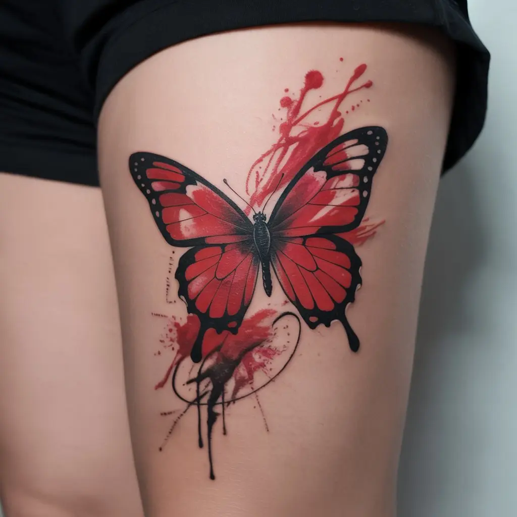 Abstract red butterfly tattoo with watercolor and geometric design on thigh – modern red butterfly tattoo idea.

