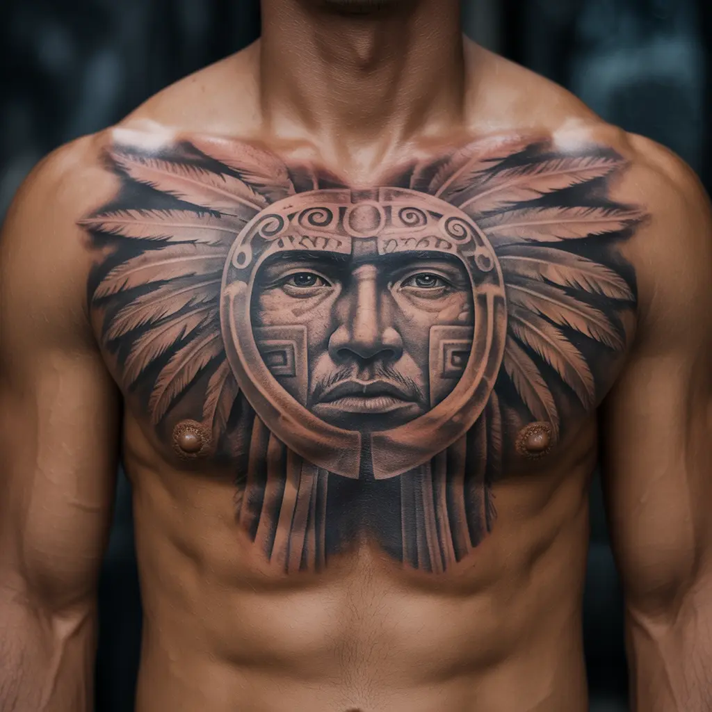 Bold Mexican tattoo of an Aztec warrior with feathered headdress and obsidian blade, inked on a muscular male chest — tribal heritage tattoo design.