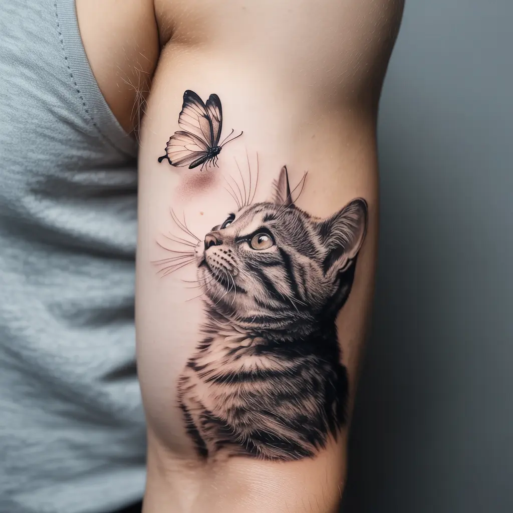 Cat and Butterfly Design Photorealistic cat tattoo with a butterfly, ideal for nature-inspired cat tattoos that capture curiosity and innocence.