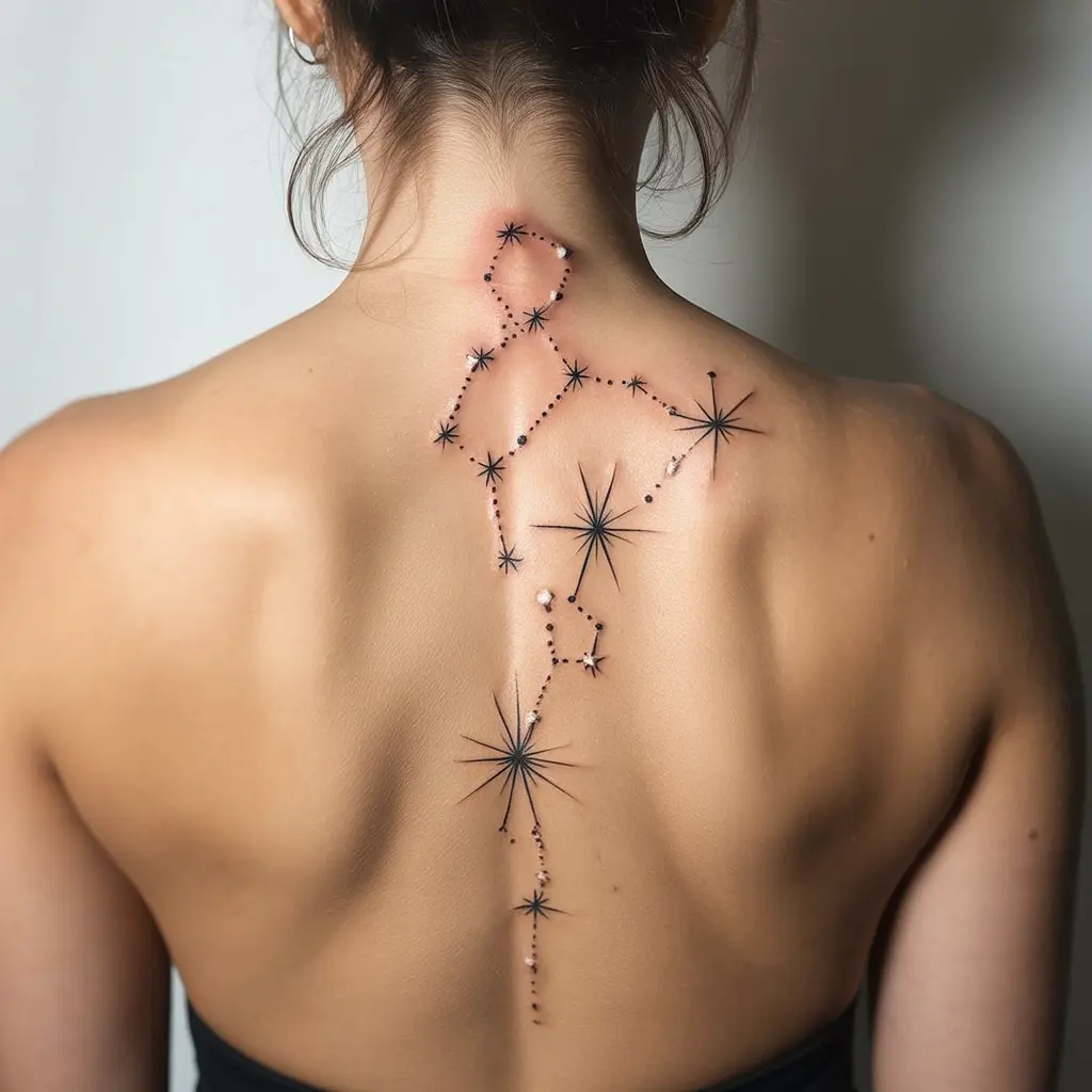 Constellation star spine tattoo for women showing Orion-inspired celestial pattern in fine dotwork style.

