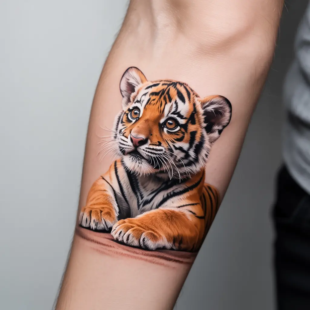 Tiger tattoo design of an adorable tiger cub lying on a human forearm, with realistic fur and expressive eyes for a soft and playful look.