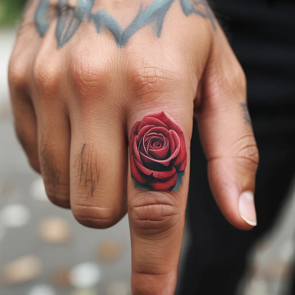 Realistic Red Rose Finger Tattoo – Lifelike red rose inked on a man’s finger, vibrant and detailed, stylish finger tattoos for men.