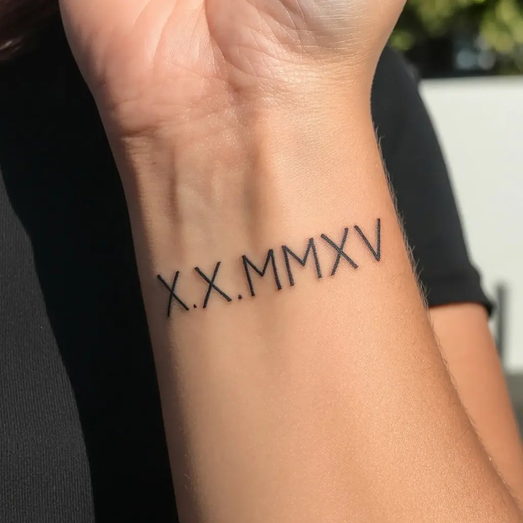 2. Simple Black Ink Roman Numerals
Alt Text:
Minimalist Roman numeral tattoo in simple black ink on a woman’s inner wrist, showcasing elegance and subtlety — perfect for fans of clean, classic Roman numeral tattoos.