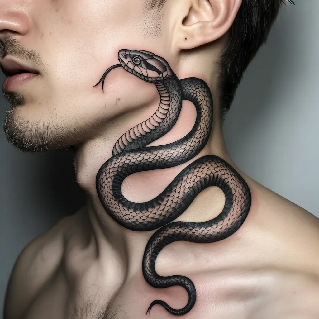Snake Neck Tattoo
Detailed black and grey snake neck tattoo for men, wrapped around the side of the neck with bold ink and realistic scale texture.