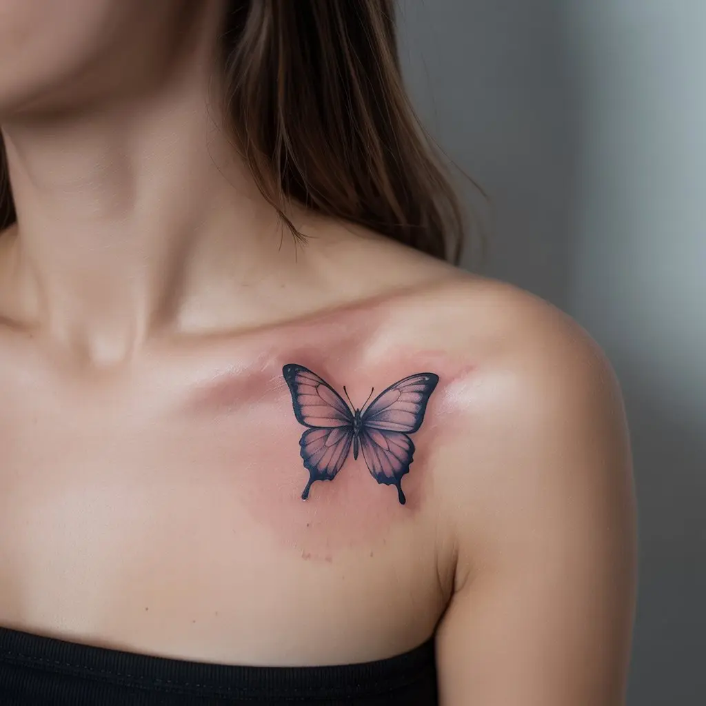Watercolor Butterfly Tattoo on Collarbone – Elegant watercolor butterfly tattoos for women placed on the collarbone with soft blended colors and artistic ink style.

