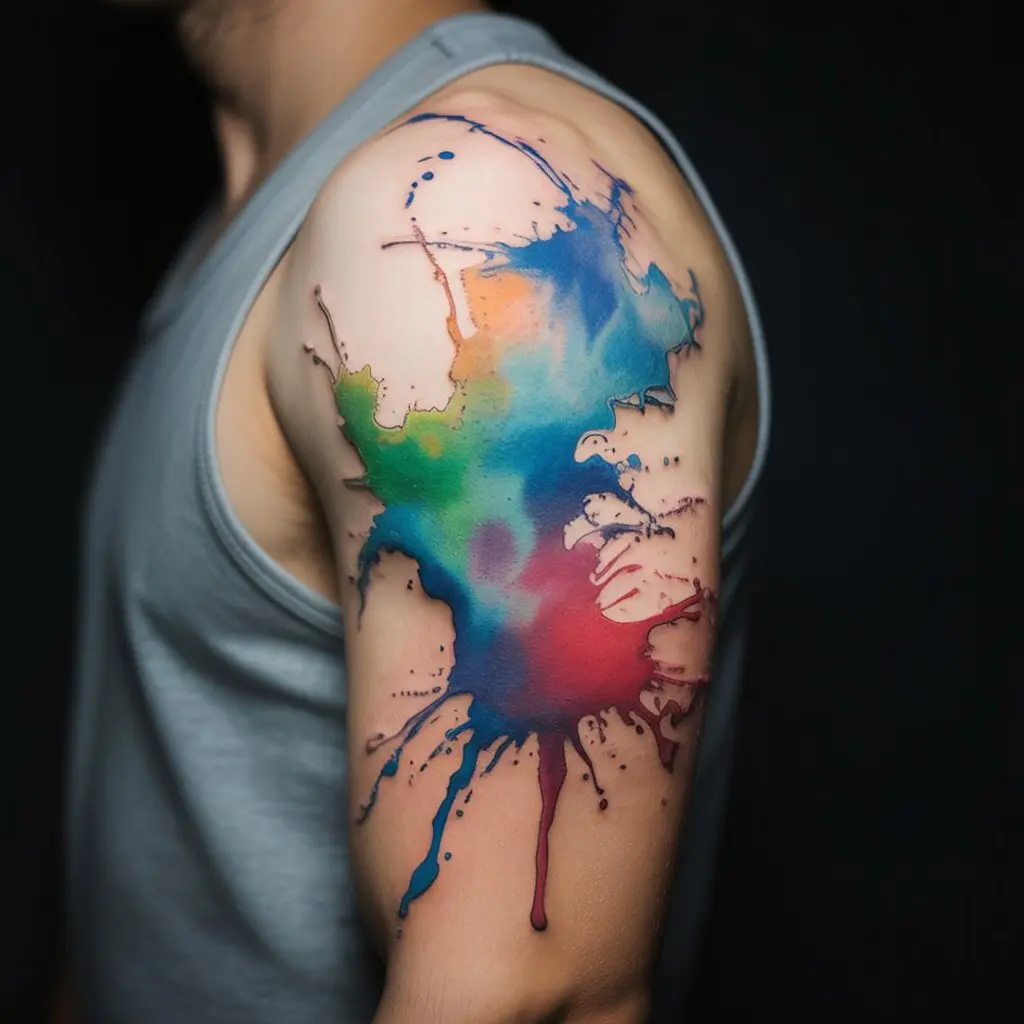 Small tattoos for men – abstract watercolor map tattoo on upper arm, artistic design with vibrant color splashes


