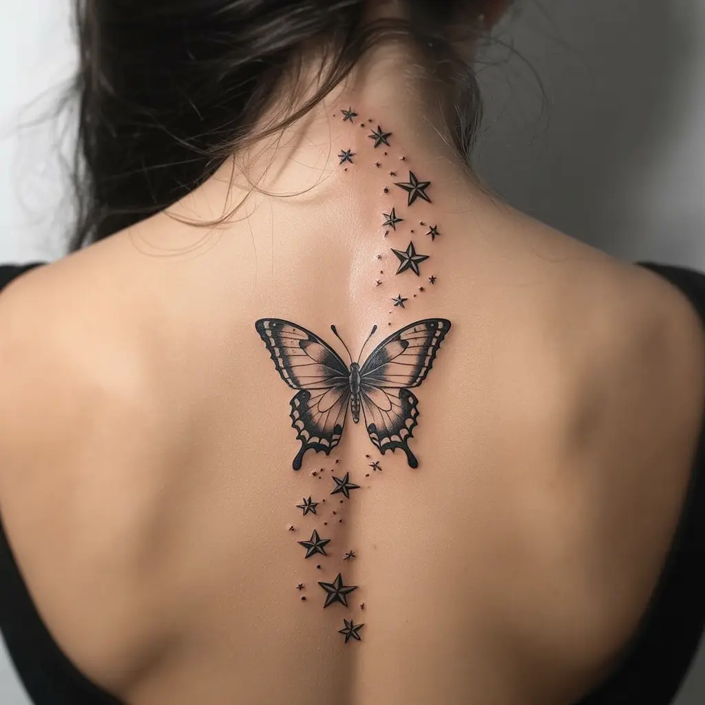 Butterfly and Stars Tattoo on Lower Back – Butterfly tattoos for women with star accents on the lower back, whimsical and eye-catching.

