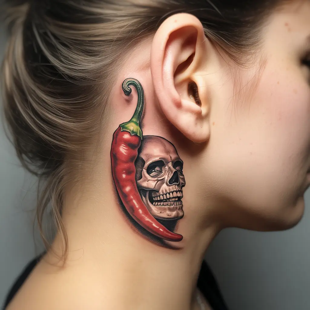Small tattoo of a chili pepper and sugar skull behind the ear — bold and fun Mexican tattoo with spicy symbolism.