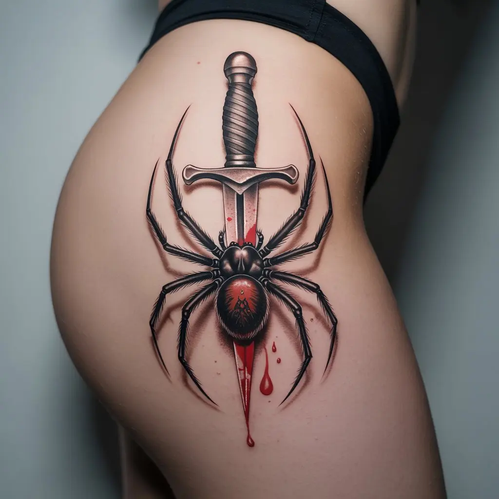 Dagger spider tattoo design on the hip, dark and edgy spider impaled by a blade, bold and intense Spider Tattoo Design.