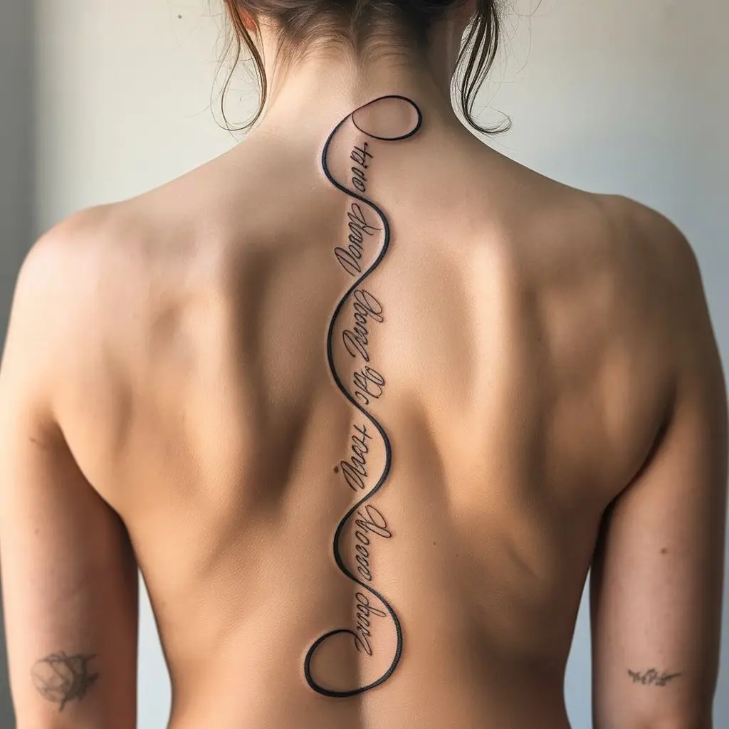 Infinity loop spine tattoo for women with cursive names or dates incorporated into the vertical design.

