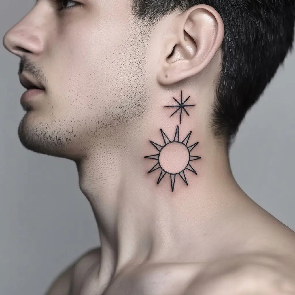 Sun and Star Neck Tattoo
Minimal sun and star neck tattoo for men, placed on the side of the neck in fine black lines — symbolic and simple design.