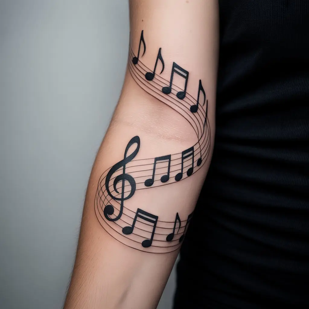 Music note hand tattoos for women with flowing staff lines and elegant note symbols in black ink, perfect for music lovers.