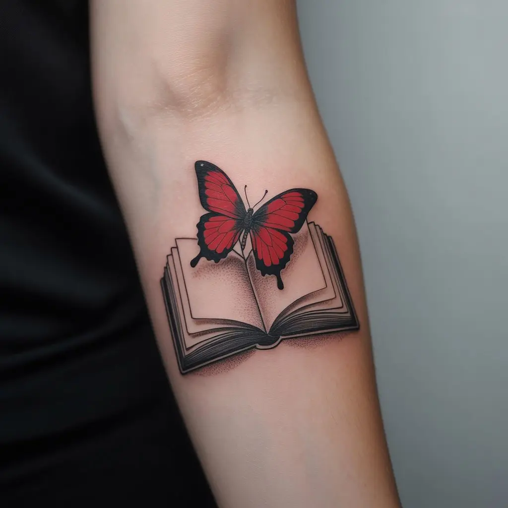 Red butterfly tattoo emerging from an open book on forearm – symbolic red butterfly tattoo of transformation.

