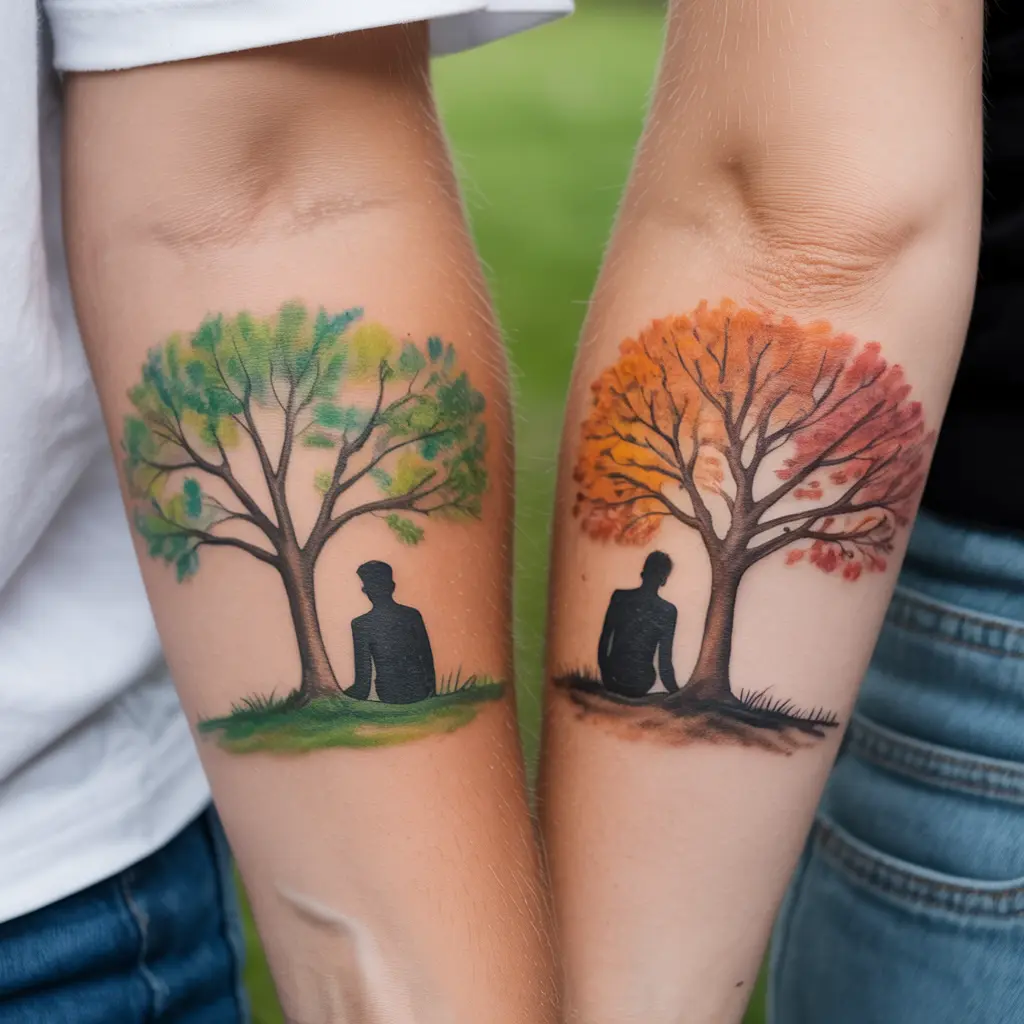 Nature-inspired matching tattoos for best friends symbolizing a bond that thrives through all seasons of life.

