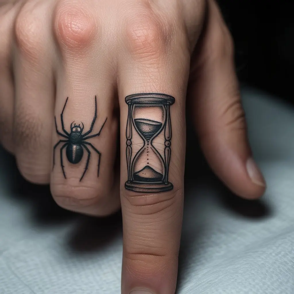 Spider and Hourglass Finger Tattoo – Realistic spider with hourglass design on a man’s finger, dark finger tattoos for men.

