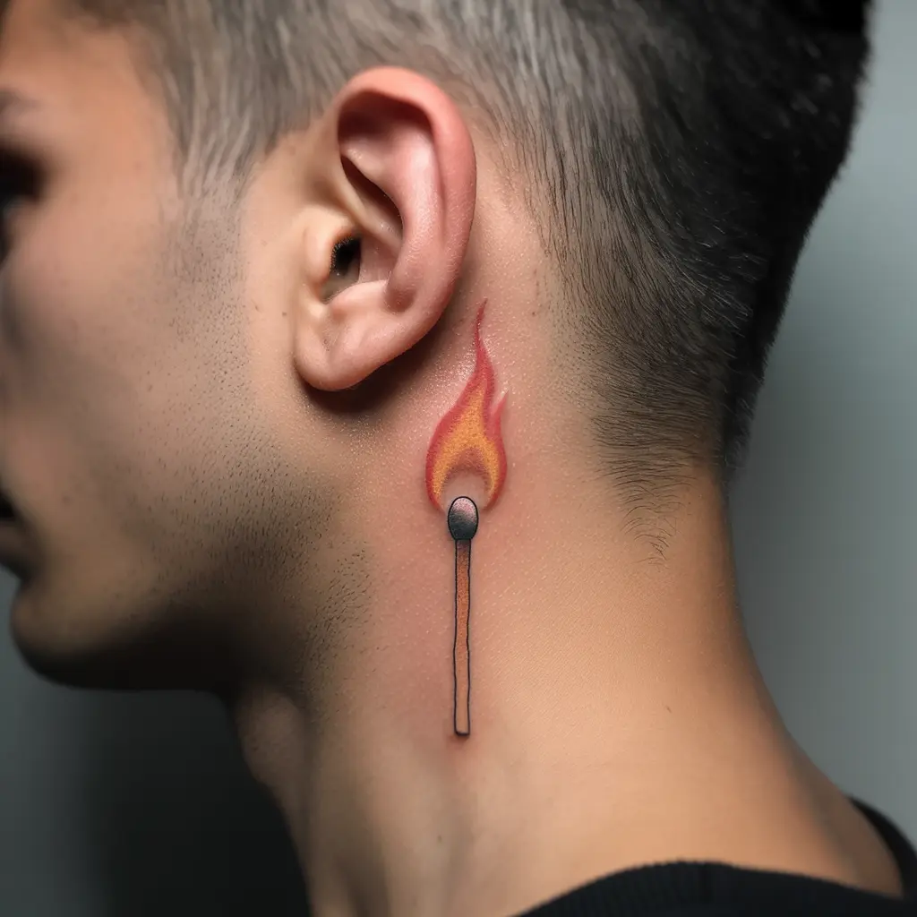 Small tattoos for men – minimal matchstick and flame tattoo behind ear, small fiery design with meaning

