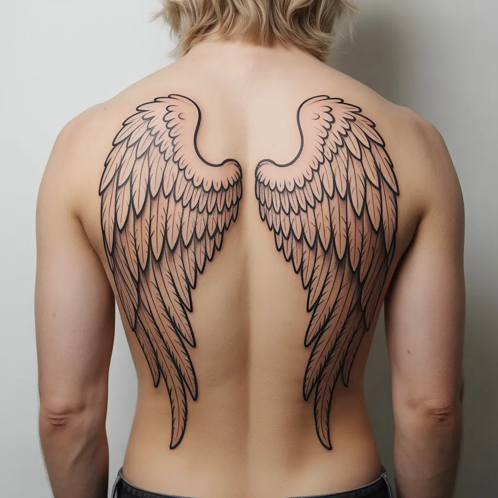 Angel wings outline spine tattoo for women with delicate feathered wings framing the upper back.

