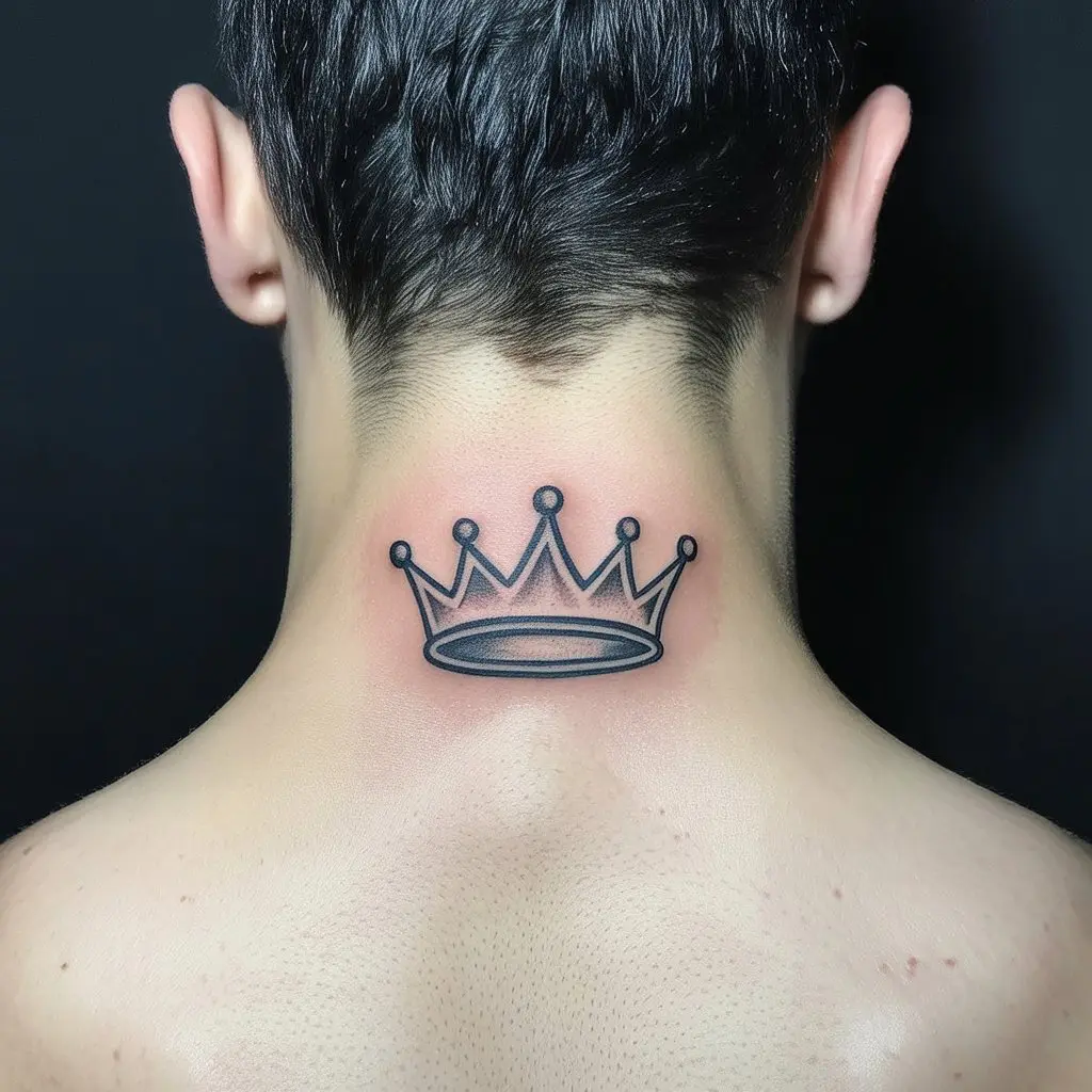 Crown Neck Tattoo
Small crown neck tattoo for men, centered on the back of the neck in bold black outline — representing royalty, power, and leadership.

