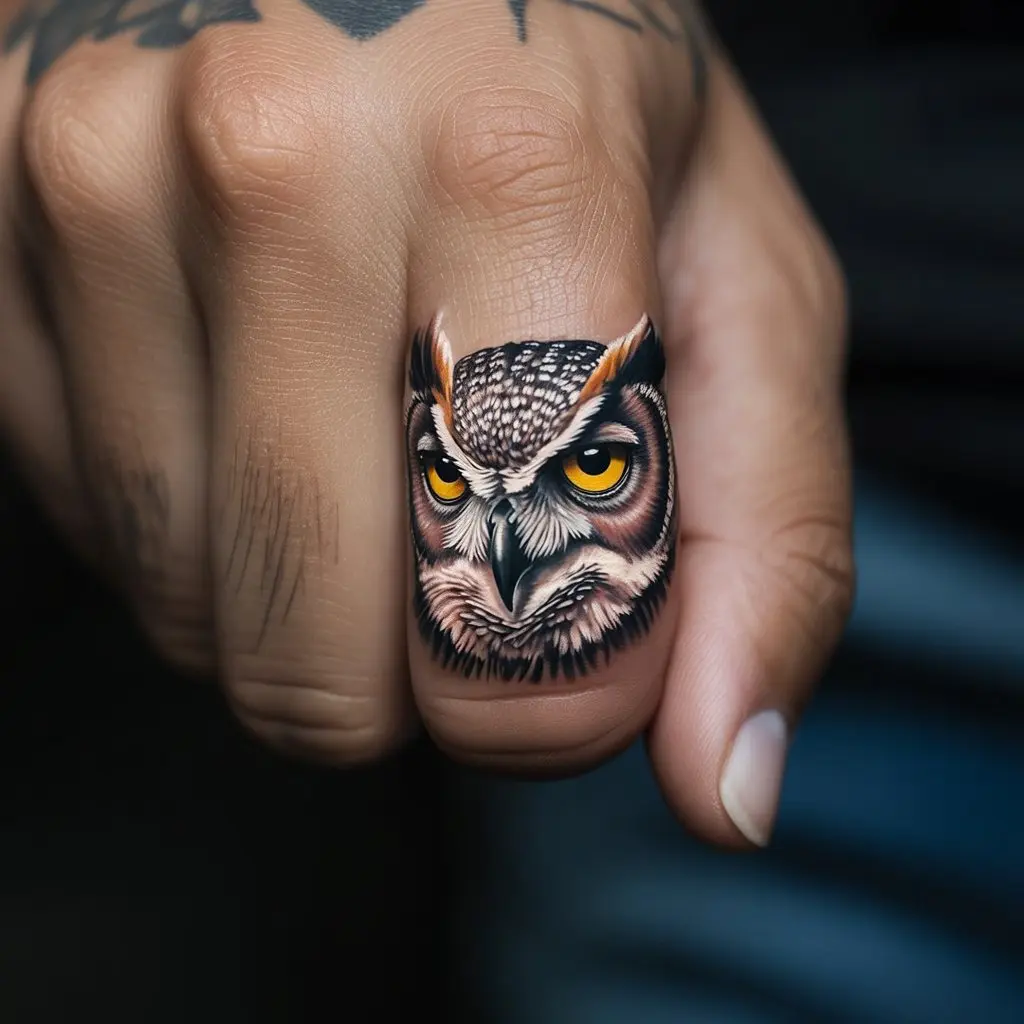 Owl Face Finger Tattoo – Lifelike owl face inked on a man’s finger, wise and detailed finger tattoos for men.

