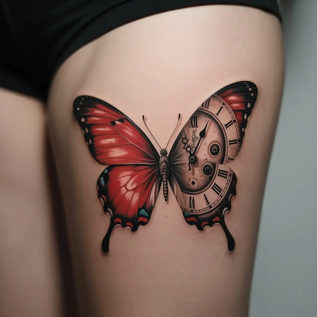 Red butterfly tattoo with vintage clock elements on thigh – time-themed red butterfly tattoo with steampunk style.

