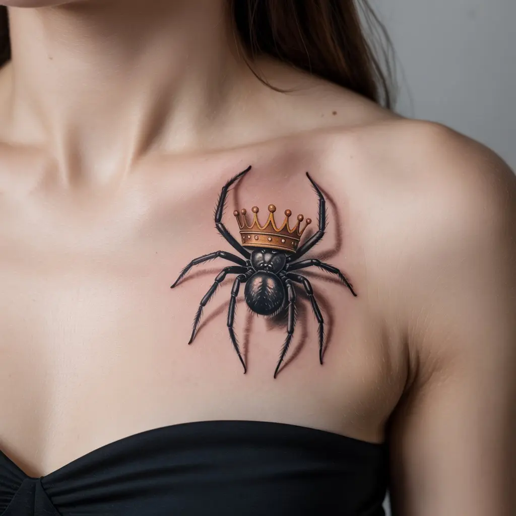 Royal spider tattoo design with a golden crown on a woman’s collarbone, elegant Spider Tattoo Design with regal symbolism.
