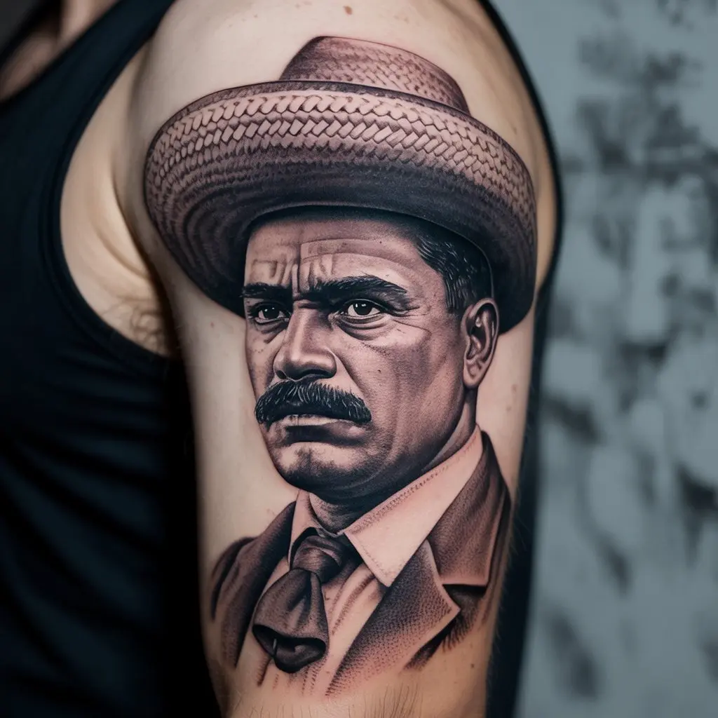 Emiliano Zapata bicep tattoo in black and grey with stern gaze and sombrero — revolutionary Mexican tattoos for men. 