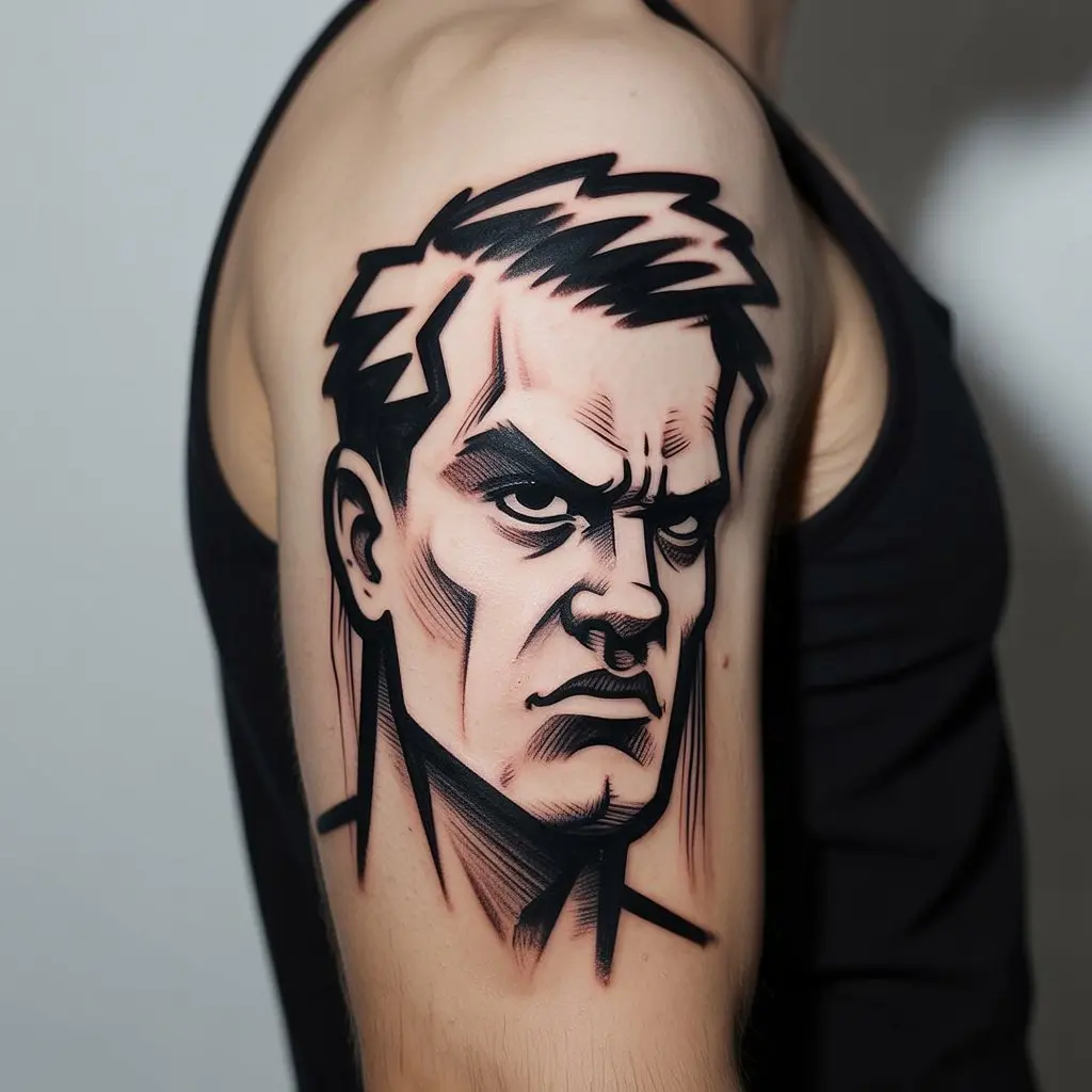 Small tattoos for men – angry abstract cartoon character tattoo on upper arm, bold lines and expressive style

