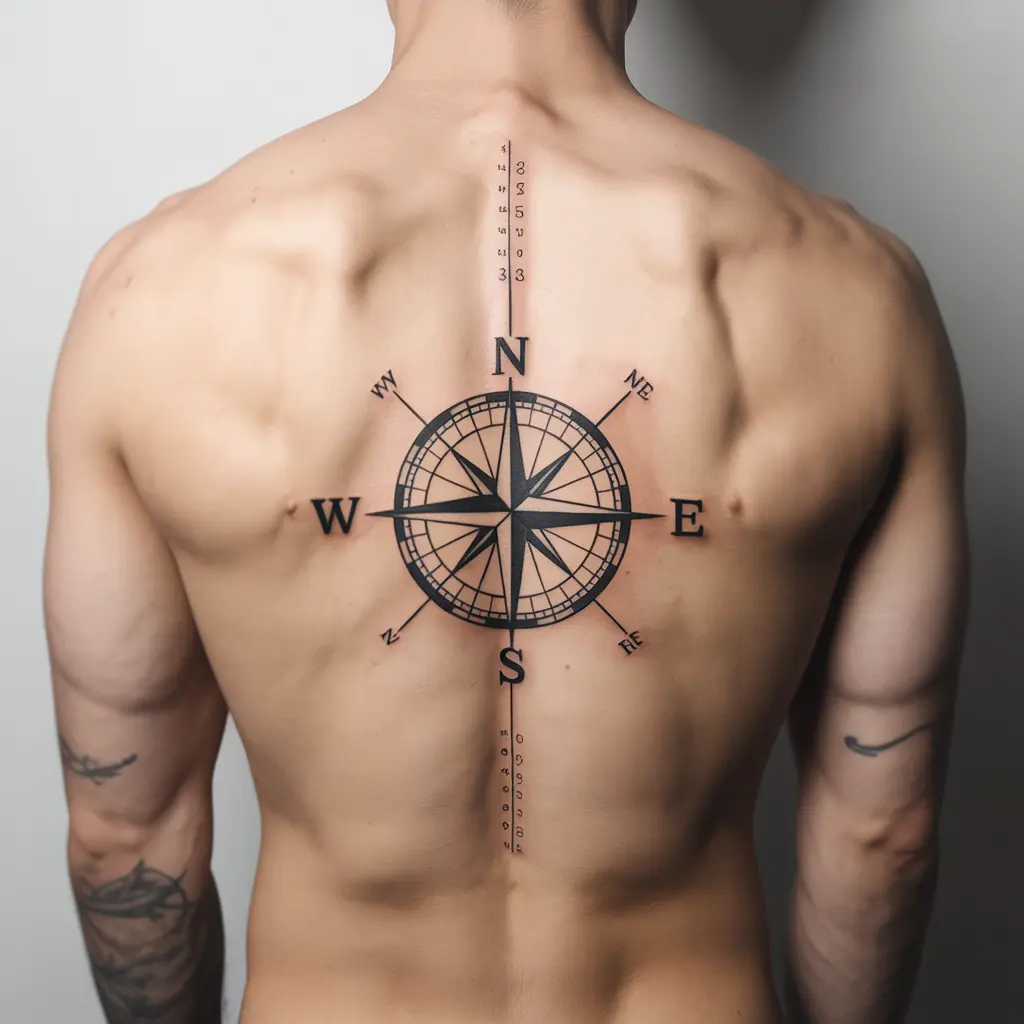 Compass with coordinates spine tattoo for women featuring a detailed compass rose and custom location data.

